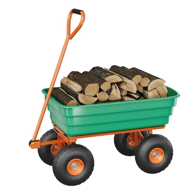 Chariot-benne de Jardin Robuste, Chariot Utilitaire d'Extérieur de 600 lb Ou 1200 lb avec 4 Roues Tout-Terrain de 10 Pouces, Poignée Réglable à 180° et Dégagement Rapide, Vert Noir Orange