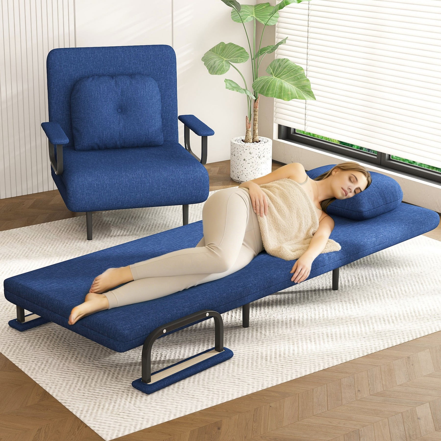 3-in-1 Folding Sofa Bed Chair, Adjustable Sleeper Chair with 5-Position Backrest & Pillow for Bedroom Office, Blue