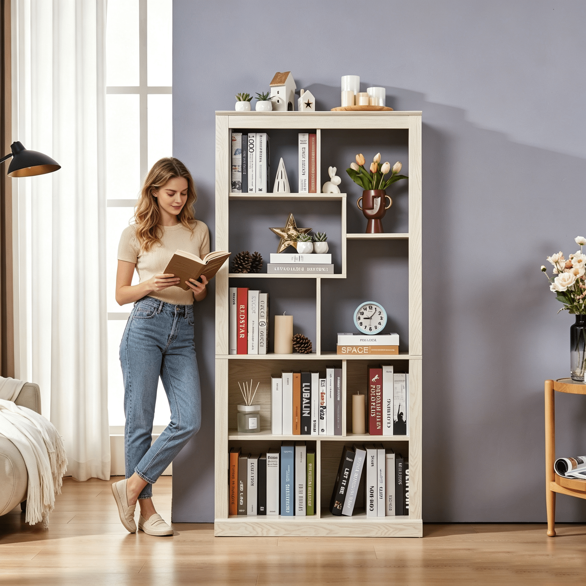Free Combination Wood Open Bookshelf, Multi Space Display Storage Cabinet, Freestanding Bookcase with Anti-Tip Straps, Classified Storage Organizer for Living Room Bedroom Home Office