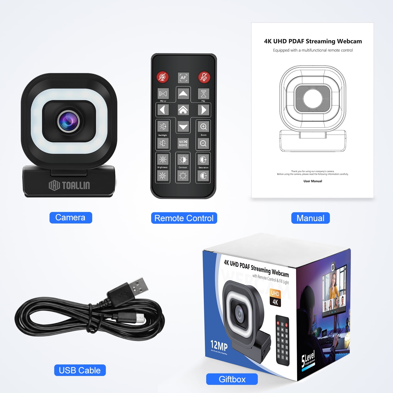 TOALLIN SC106L Autofocus 4K PDAF Webcam,12MP,Built-in Ring Light &Dual Mics,with Remote,5X Digital Zoomwide Compatibility