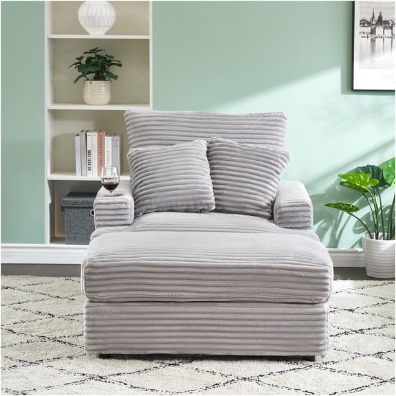 JERFIT Modern Gray Corduroy Armchair and Ottoman Set with Cup Holders, 2 Pillows, High Back Recliner Sofa for Living Room, Bedroom