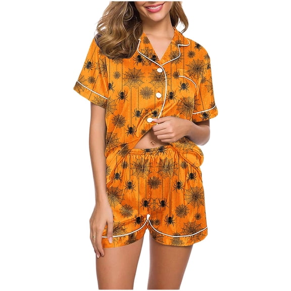 Fatuov Halloween Pajama Set for Women 2-Piece Pjs Cute Ghost Pumpkin Halloween Print Short Sleeve Button-Down Shirt and Short Loungewear Set Sleepwear