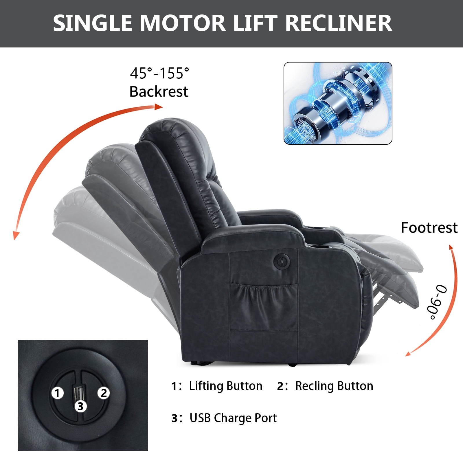 Power Lift Recliner Chair with Massage and Heat,Faux Leather Soft Chair with USB Charging&Cup Holders, Infinite Position Reclining,Heavy Duty 350 LBS Capacity