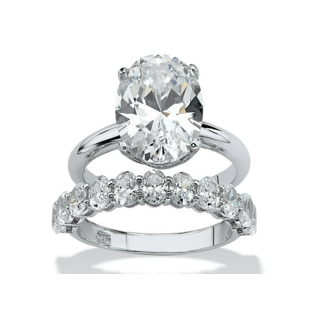 - 6.91 TCW Oval-Cut Cubic Zirconia Platinum over Sterling Silver Wedding Band Set