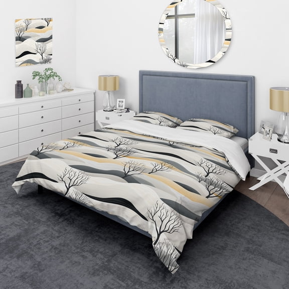 Designart "Minimal Earth Tones Vista" Black Floral Bedding Covert Set - Cottage Bed Set With 1 Sham