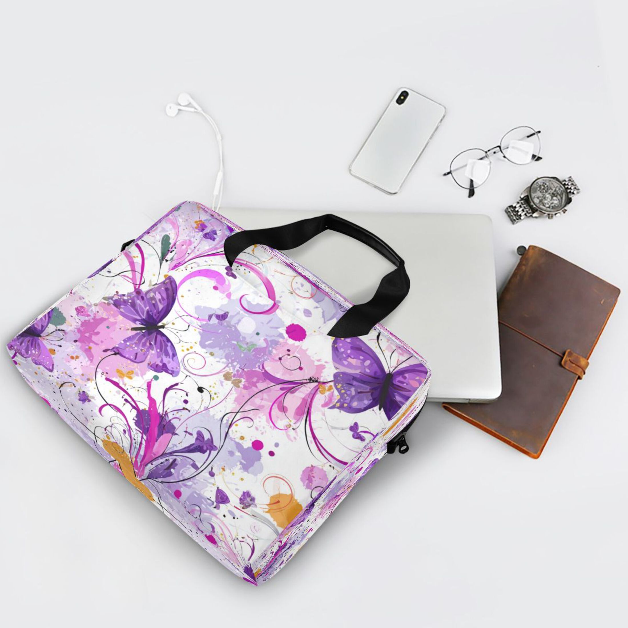 16" Laptop Tote Bag Laptop Sleeve Case Computer Briefcase for Work & Travel Purple Butterfly with Swirls