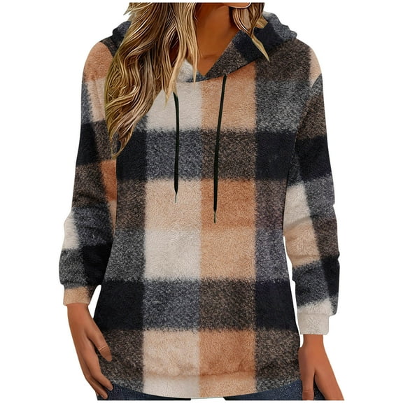 Women's Plaid Graphic Hoodies Flannel Sweatshirt Long Sleeve Checkered Print Pullover Sweater Blouses Color Block Blouses Tops