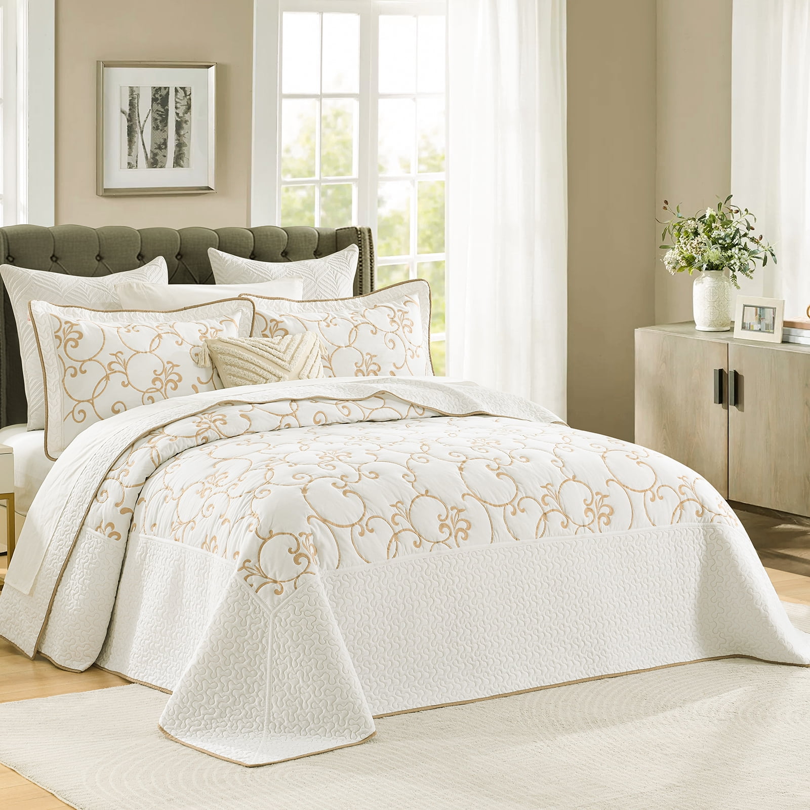DDUOXIN 100% Cotton 120x120 Bedspread King Size - Gold Beige/White Floral Reversible California King Bedspreads for Bed, Lightweight Elegant Vintage Cal Oversized King Quilts Bedding Set, 3 Piece