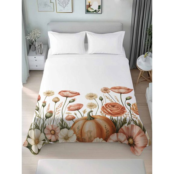 Queen Flat Sheet Only Rustic Pastoral Poppy Flower Soft Microfiber Cooling Bedding Sheets Watercolor Autumn Pumpkin Flat Bed Sheet for Hotel,Home Decor