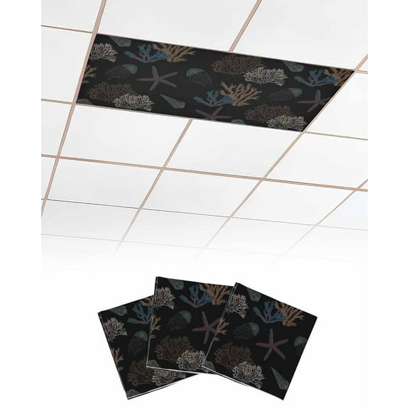 Fluorescent Light Covers for Ceiling Lights 3 Pack, Black Coral Coastal Magnetic Ceiling Light Covers 2x4ft for Classroom Office School, Nautical Starfish Summer Beach Drop Ceiling Light Shade