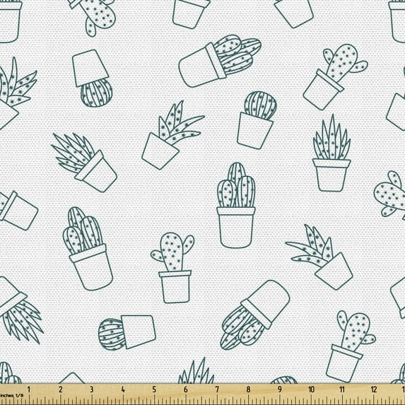 Cactus Print Fabric by the Yard, Scattered Motifs on a Plain Background Monochrome Hand Drawn Items, Decorative Upholstery Fabric for Chairs & Home Accents, 5 Yards, Forest Green White by Ambesonne