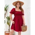 thumbnail image 4 of Plus Size Women Casual Dress Square Neck Puff Sleeve Smocked Waist Flowy Short Dress for Vacation Wine Red L, 4 of 10