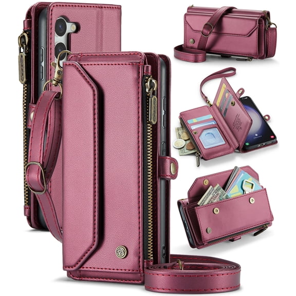 For Samsung Galaxy S23 Case Crossbody Wallet with Card Slots Zipper Pocket,PU Leather Magnetic Flip Folio Wristlet Shoulder Strap 3-in-1 Crossbody Phone Case for Women Men,Hotpink