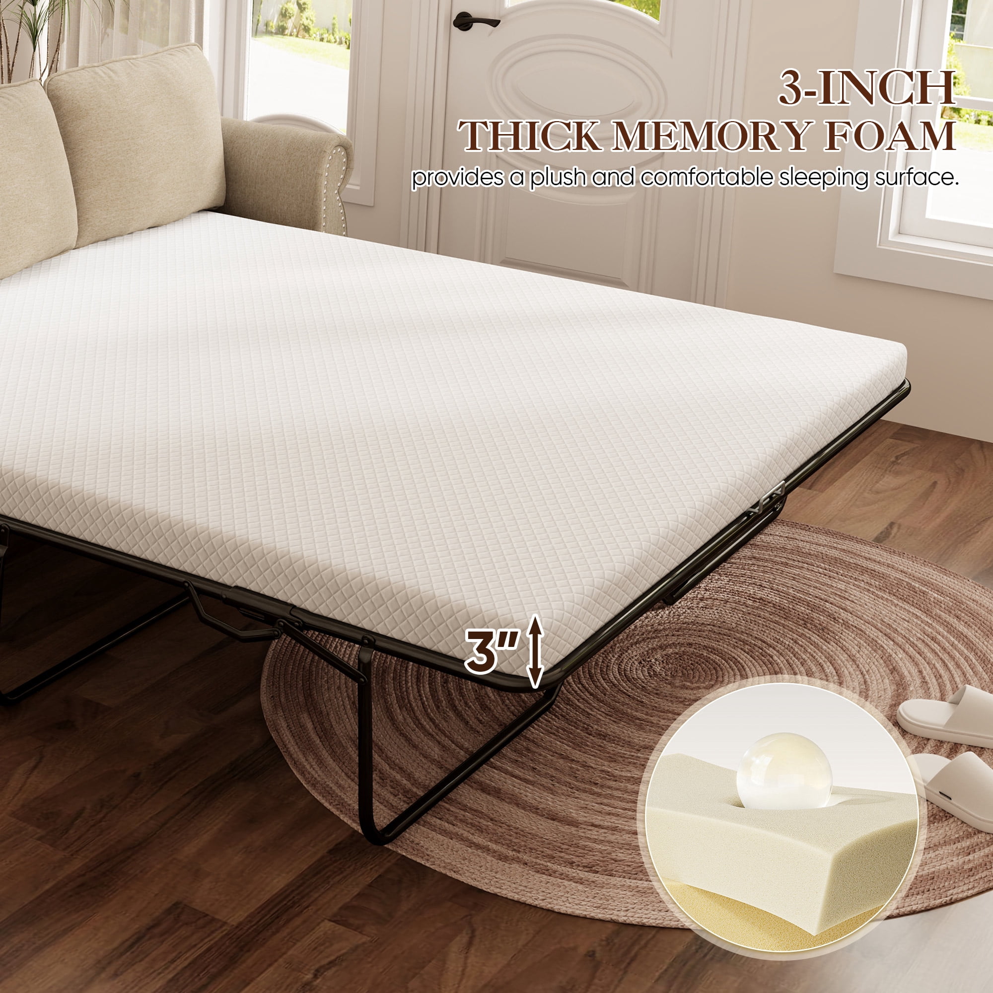 Muumblus Queen Size Pull Out Sofa Bed, 2-in-1 Convertible Sleeper Couches with Memory Foam Mattress, 3 Seat Sleeper Couch Beds for Living Room, Beige
