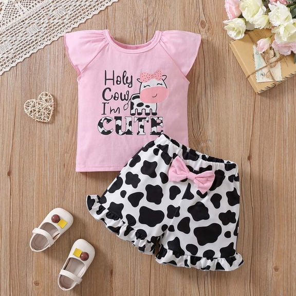 Baby Girl Outfits Toddler Summer Letter Print Fly Sleeve Top and Fashion Shorts 2Pc Set Baby Clothes for Girls Pink 5-6 Years