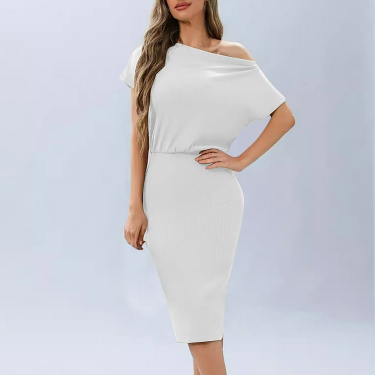 Evening Gown Basic Bodycon Dress for Women One Shoulder off Tank Top Short  Sleeve Pencil Long Dresses Club Party Dresses Slim Fit Dresses - Walmart.com