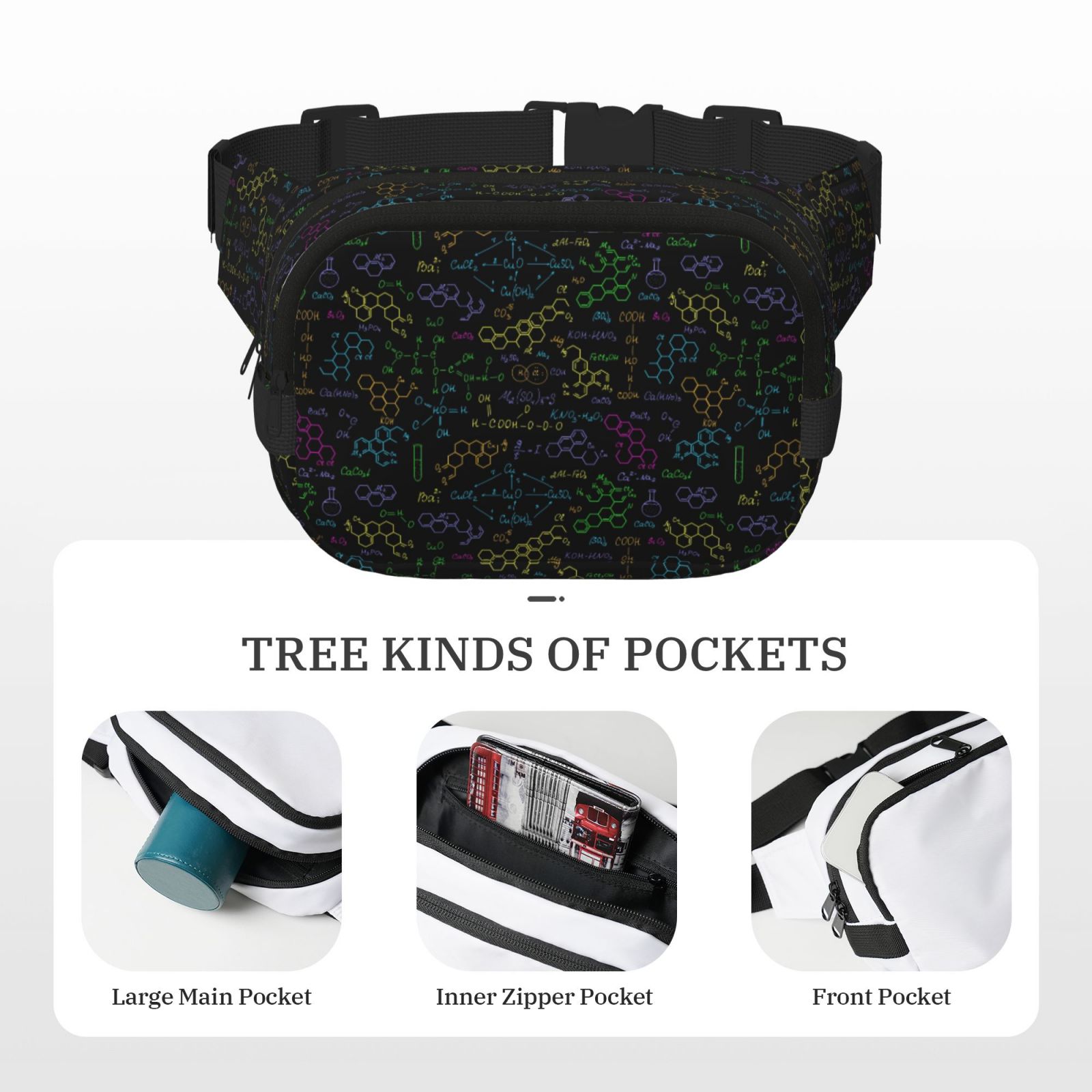 Picia Chemistry Formulas Print Square Double-Layer Waist Bag Mini Adjustable Waist Belt Bag Exercise Running Travel Hiking
