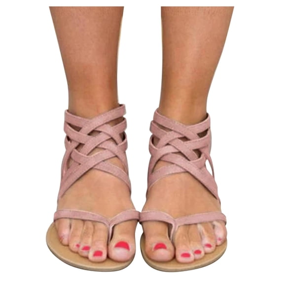 Modstep Women's Gladiators Sandals Summer Dressy Strappy Flat Shoes with Ankle Strap Back Zipper Comfortable Beach Flip Flops Pink 9