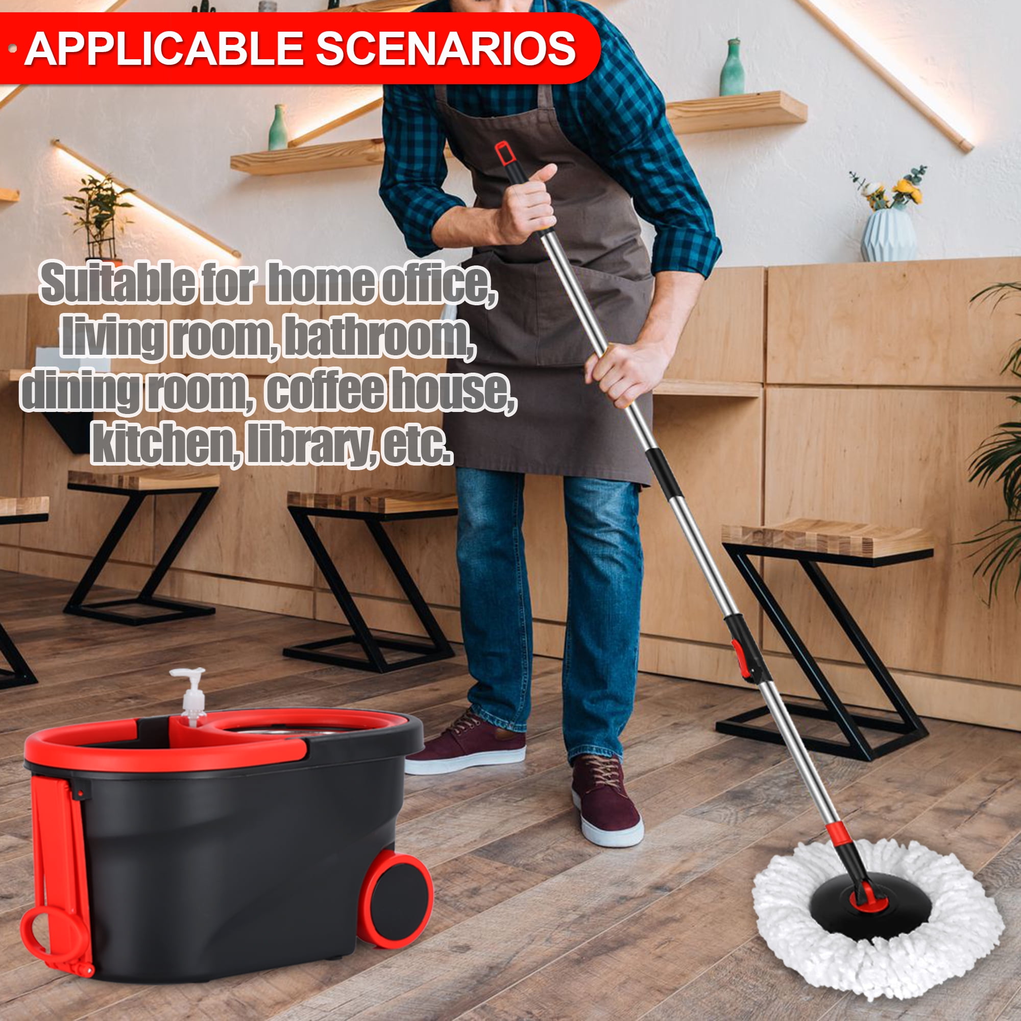 Spinning Mop Bucket, 360 Easy Spin Mop & Bucket System with Wringer, Mop and Bucket Set, 3 Microfiber Mop Heads, Black