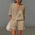 thumbnail image 2 of AHTJRT Women's 2 Piece Shorts Set Casual Cotton Linen Outfits V Neck 3/4 Sleeve Tops Summer Shorts Lounge Set Coffee S, 2 of 10