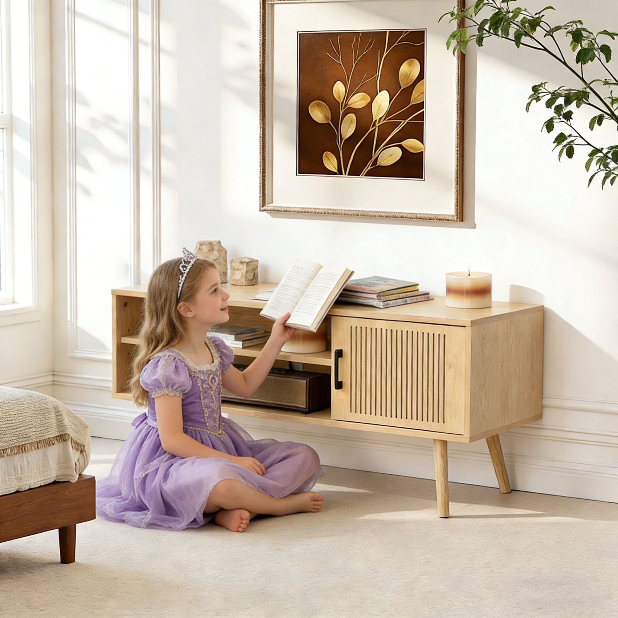 KATHY&BOB Modern TV Stand for 32-50 Inch TV, Media TV Console Table with Storage Cabinets and Adjustable Shelf, Solid Wood Feet, Natural