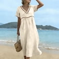 thumbnail image 4 of Domzest Midi Dress for Women V Neck Short Sleeve Sundress Summer Hollow Out Waist Boho Long Dresses for Beach Vacaion Beige XXL, 4 of 9