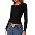 thumbnail image 3 of Women'S Crewneck Long Sleeve Shirt Double Lined Basic Tees Side Ruched Going Out Crop Tops, 3 of 10
