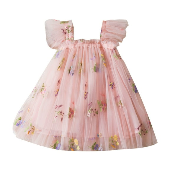 GYRATEDREAM Infant Baby Girl Summer Tulle Dress Strap Floral Embroidered A Line Dress Toddler Sleeveless Beach Butterfly Sundress Pink for 6M-5T