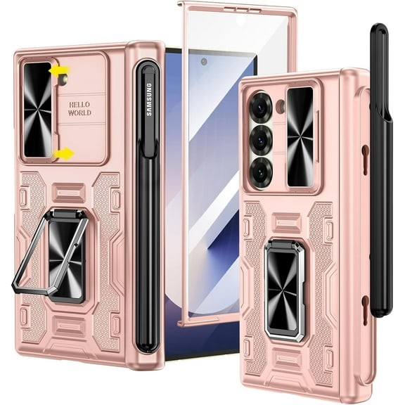 for Galaxy Z Fold 6 Case, with [S Pen Holder][Hinge Protection][360-degree Rotating Kickstand][Slide Camera Cover][Front HD Screen Protector] Protective Cover for Samsung Z Fold 6 - Rose Pink