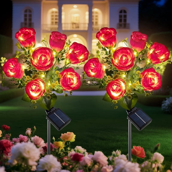 Qoosea Solar Lights Outdoor, 7 Heads Rose Flower Bud Solar Garden Lights Waterproof, Solar Flowers Lights for Yard Patio Garden Decor, 2 Pack Red