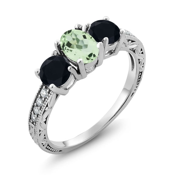 Gem Stone King 1.82 Ct Oval Green Prasiolite Black Onyx 925 Sterling Silver Moissanite Ring (Size 6)