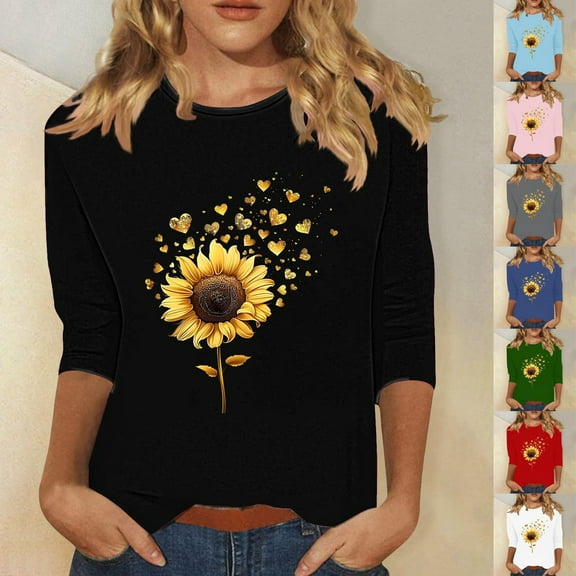 DDAPJ pyju Women 3/4 Sleeve Sunflower T-Shirt Cute Graphic Tees Dressy Casual Summer Blouse Three Quarter Length Pullover Tops Prime Sales of The Day Black XXL
