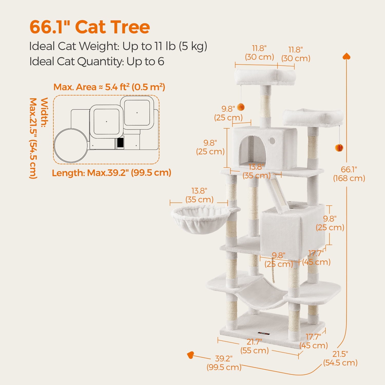 LEDREM 66.1-Inch Multi-Level Cat Tree Tower with 2 Perches, 2 Caves, Hammock & 13 Scratching Posts – Plush Climbing Condo for Indoor Cats, Cream White