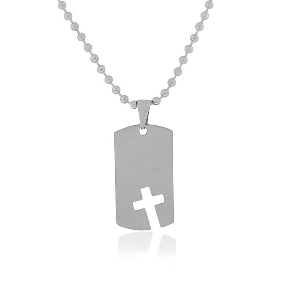 EDFORCE Stainless Steel Silver-Tone Dog Tag Mens Cut-out Cross Religious Pendant Necklace, 24"