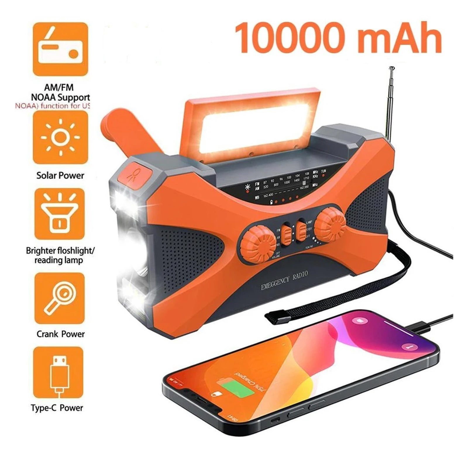 Emergency Flashlight Torch 10000mAh Power Bank Multifunctional Radio Hand Crank Solar USB Charging FM AM WB NOAA Weather Radio