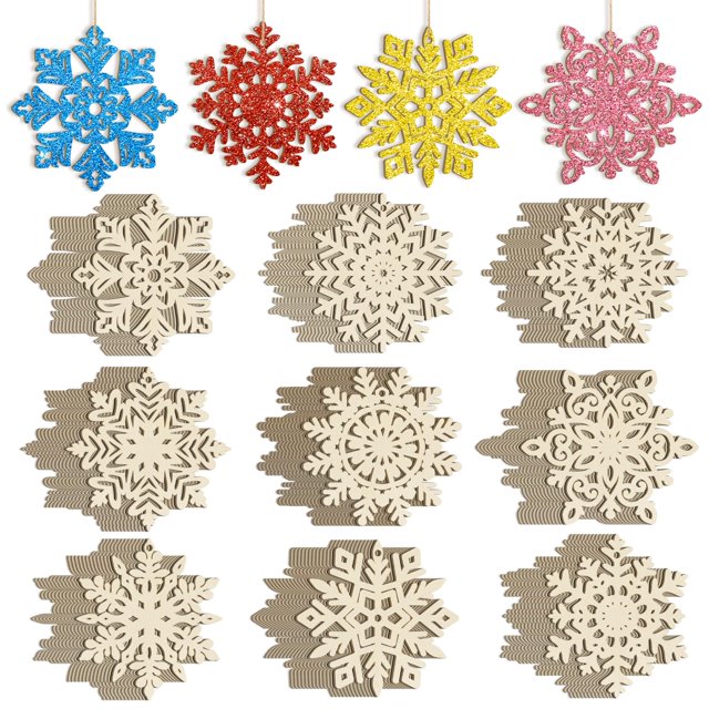 Adornos navideños con forma de copo de nieve, 36 piezas, de madera, bricolaje