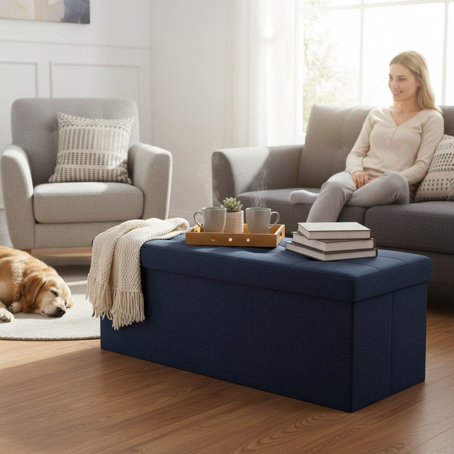 CONCETTA 43" Storage Ottoman Bench, Foldable Footrest Stool with High Load Capacity, Holds Up to 660 lb，Blue