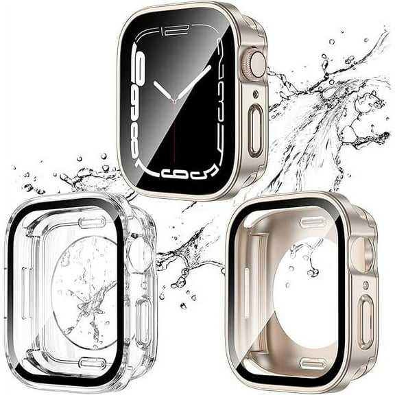 2 Pack 2 in 1 Waterproof Case for Apple Watch Series SE SE2 6 5 4 40mm, Straight Edge PC Front & Back Bumper with Tempered Glass Screen Protector 360 Protective Cover for iWatch 40mm, Starlight/Clear