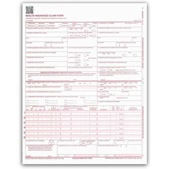 Sécuritédocs CMS-1500 Formulaires de Demande de Remboursement d'Assurance Maladie -500 Feuilles- 8,5x11 HCFA-1500 «Nouvelle» Version 02/12 NUCC, OMB