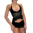 thumbnail image 5 of Women Tops Skirt Suit, Sleeveless Off Shoulder Hanging Neck Lace Crop Vest + Wrapped Solid Color Short Skirt Outfit, 5 of 7