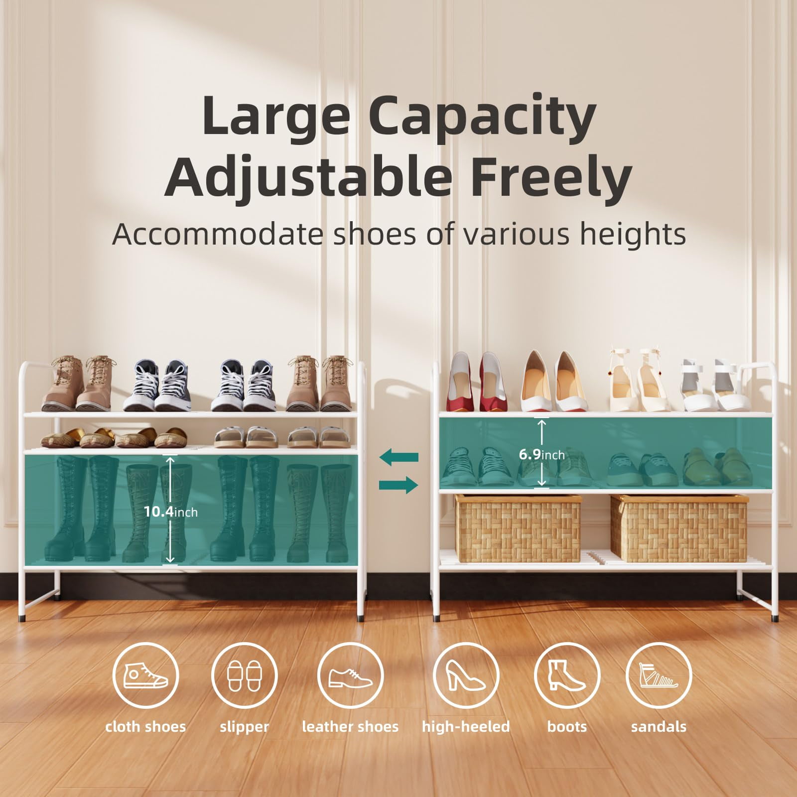 3-Tier Metal Shoes Rack for Closet, 33" Wide Shoe Storage Organizer,  White