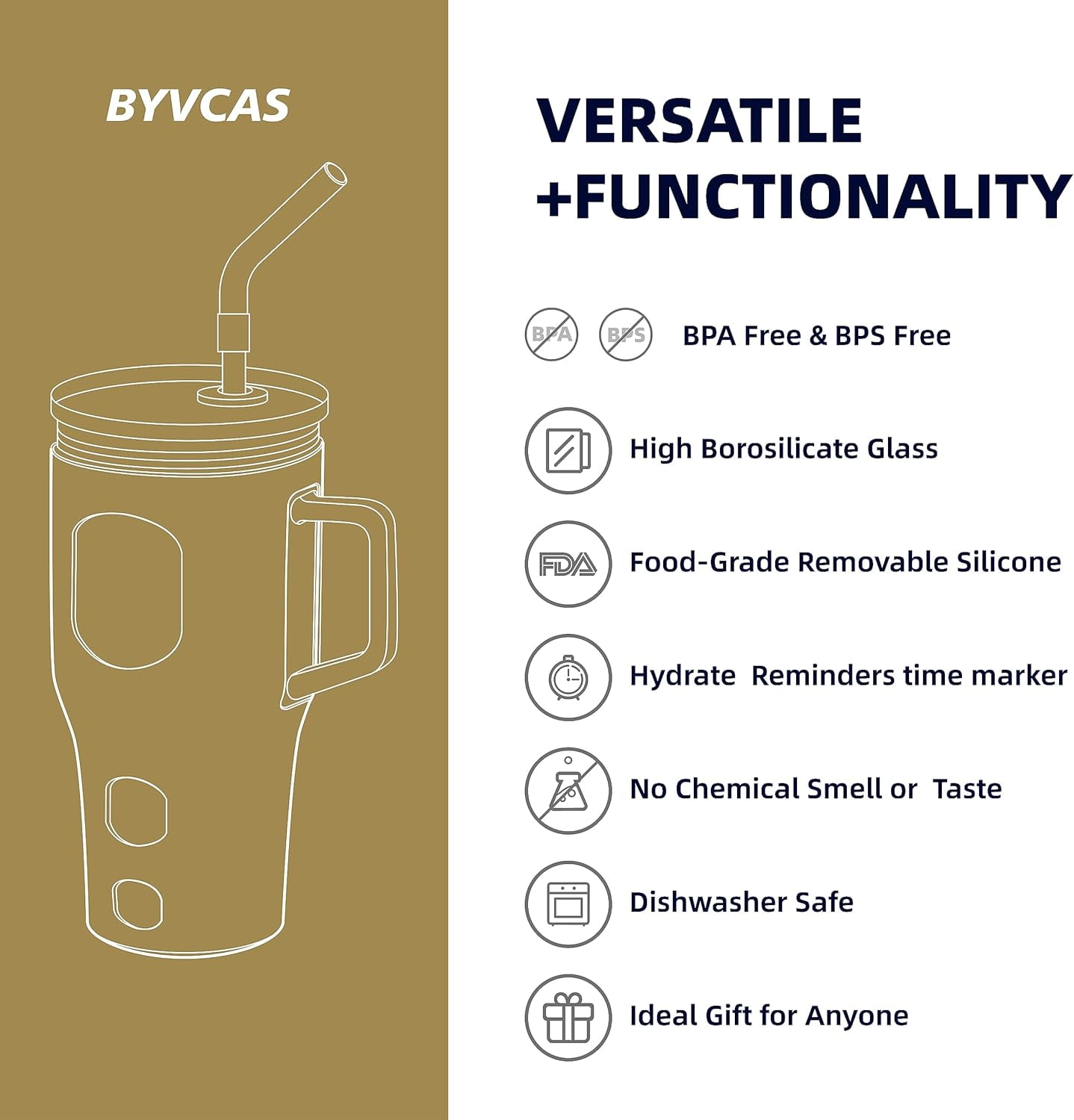 AYAOQIANG 32 Oz Tumbler with Lid and Straw, Glass Water Bottle with Handle, Glass Cup with Time Marker and Sleeve, Fits in Cup Holder BPA Free Amber