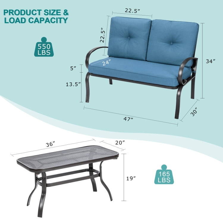 Aimee Lii 2 Pieces Patio Outdoor Cushioned Coffee Table Seat, 2 Seat Outdoor Sofa, Blue Aimee Lii 2 Pieces Patio Outdoor Cushioned Coffee Table Seat, 2 Seat Outdoor Sofa, Blue