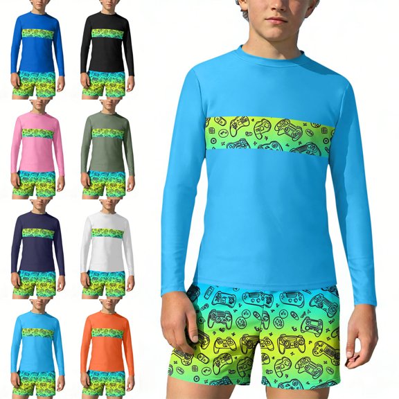 WAVSUF Boys Swimsuit 2 Piece Quick Dry Long Sleeve Cartoon Print Summer Comfort Pool Swim Set Sky Blue 8