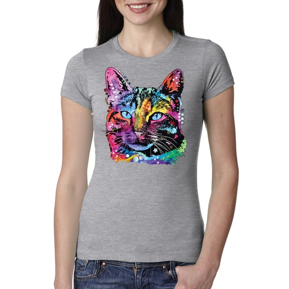 Cute Cat | Dean Russo Art Animal Lover Womens Slim Fit Junior Tee, Heather Grey, Small