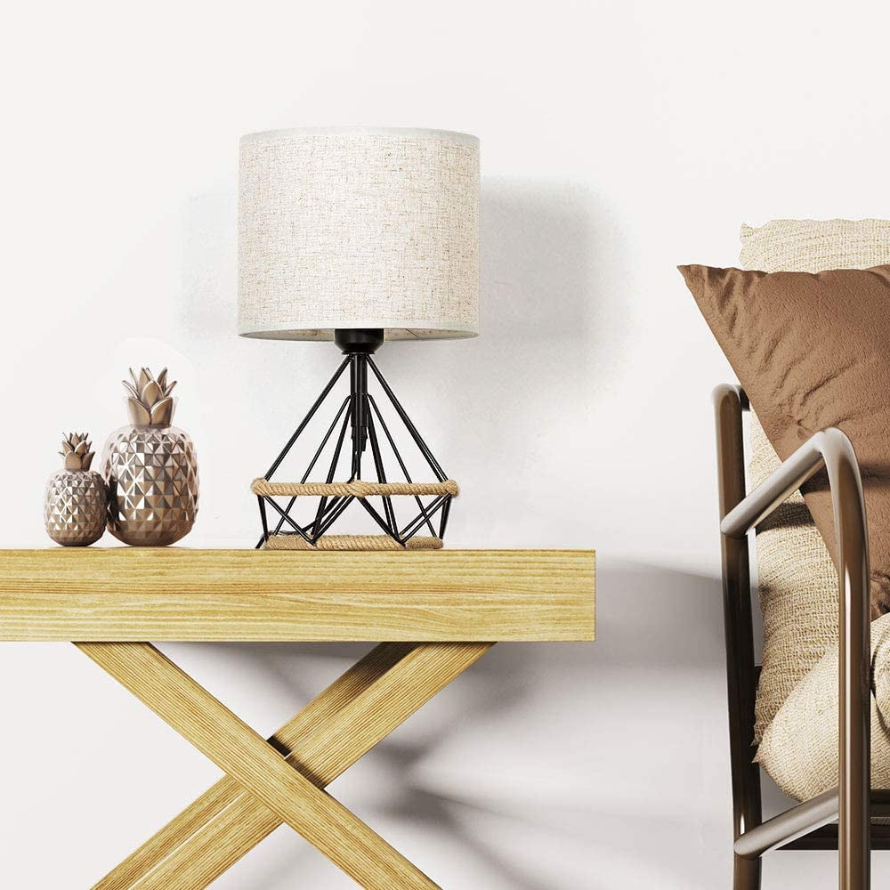 Haitral Bedside Lamp Small Black Table Lamp, Modern Hollowed Out Base Lamp with Linen Fabric Shade