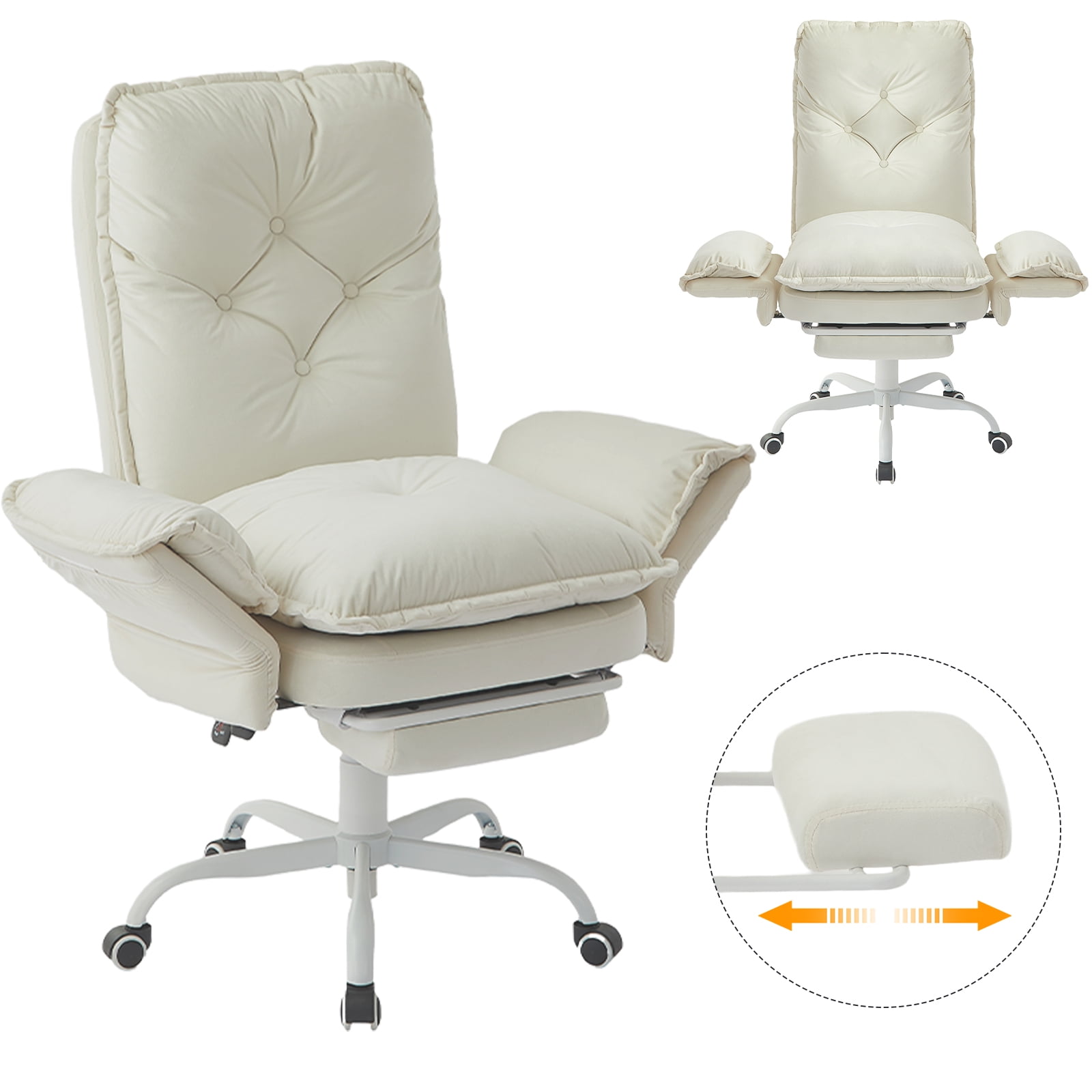 Bestier Big and Tall Executive Office Chair with Flip-up Arms for Adult, Wide Seat Ergonomic Computer Desk Chair,High Back Velvet Comfy Cross-Legged Office Chair with Footrest and Side Pockets, Beige
