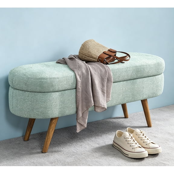 Storage Bench for Bedroom, End of Bed Storage Bench with Wood Legs, Modern Upholstered Chenille Ottoman Bench for Entryway, Window, Teal