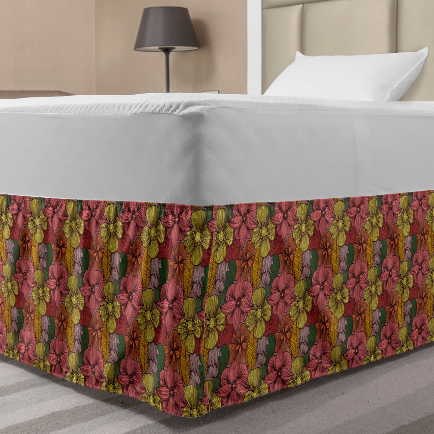 Vintage Bed Skirt, Retro Colored Artwork Inspired by Floral Nature