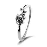 Women Elegant S925 Sterling Silver Rose Flower Leaf Vine Design Ring